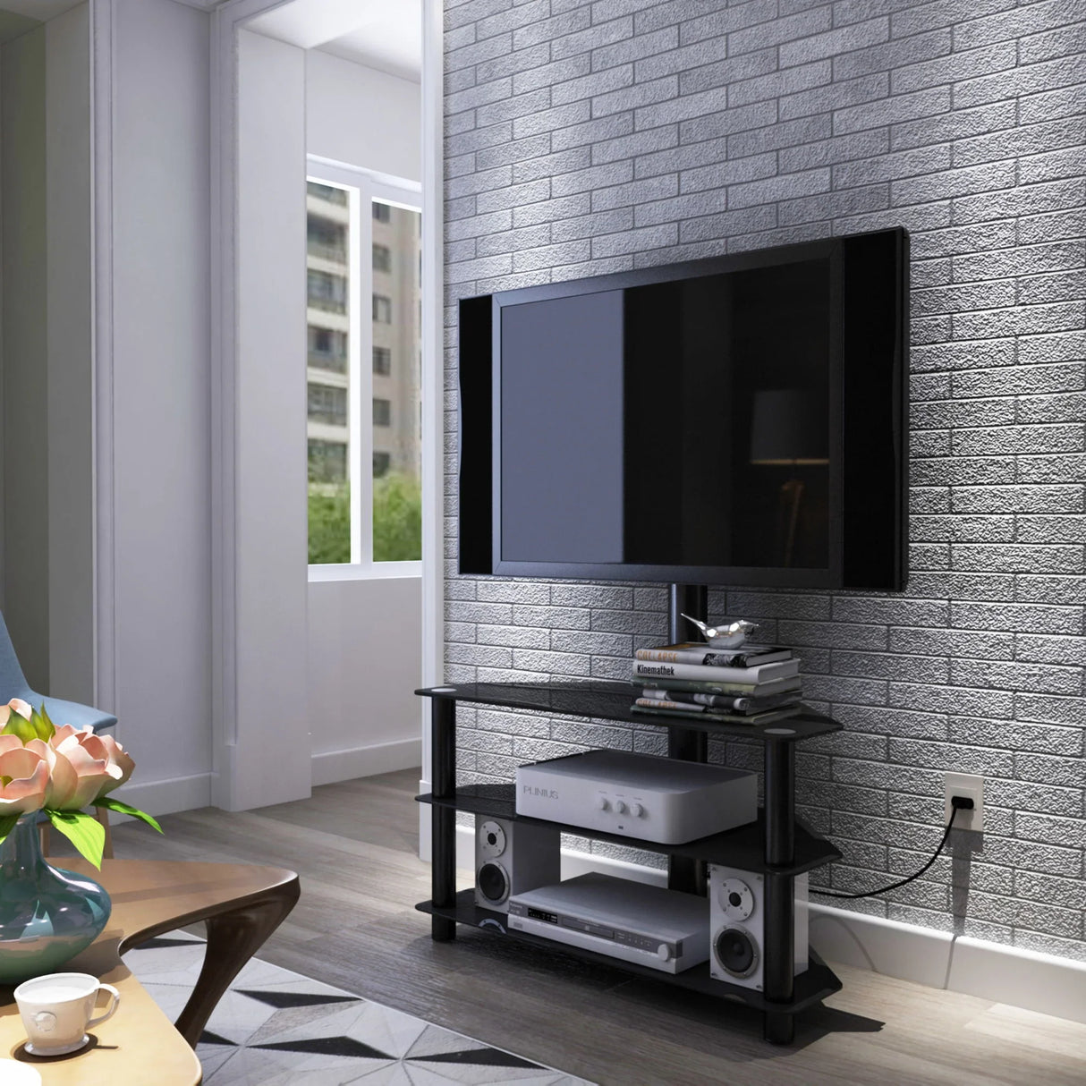 43.3" Multi-Function TV Stand Height Adjustable Bracket Swivel 3 Tier - Black - Furniture Home Direct