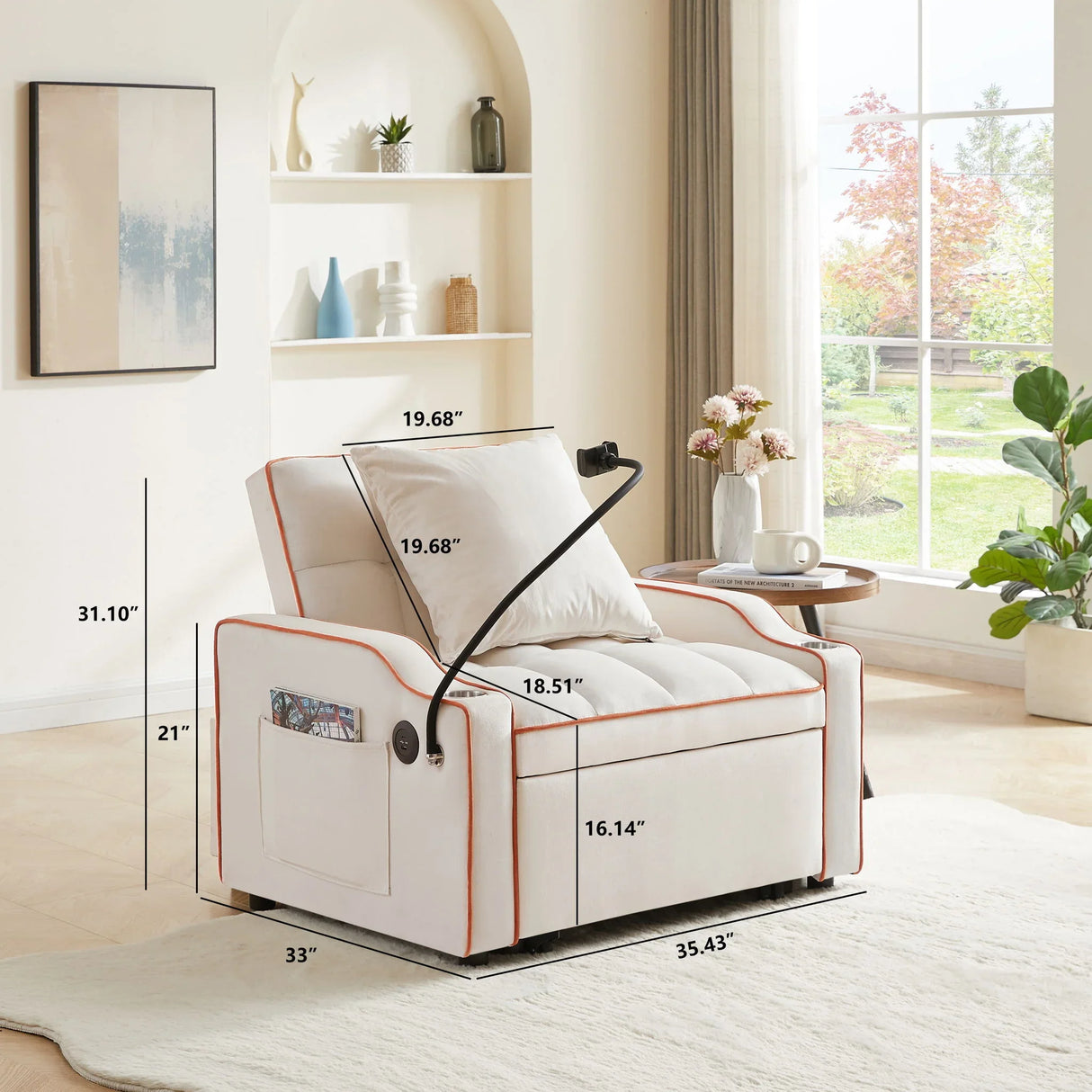 Convertible Velvet 3 In 1 Sofa Bed With Adjustable Sleeper Chair And Multi Pockets - Furniture Home Direct