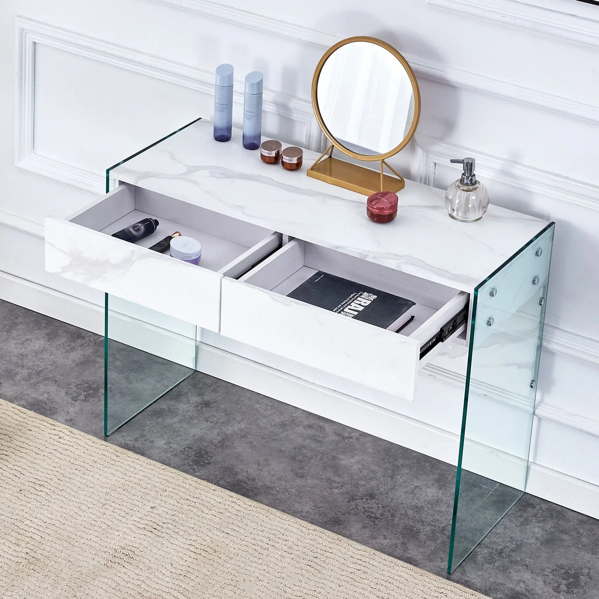 White Makeup Vanity With Tempered Glass Legs - White - Furniture Home Direct