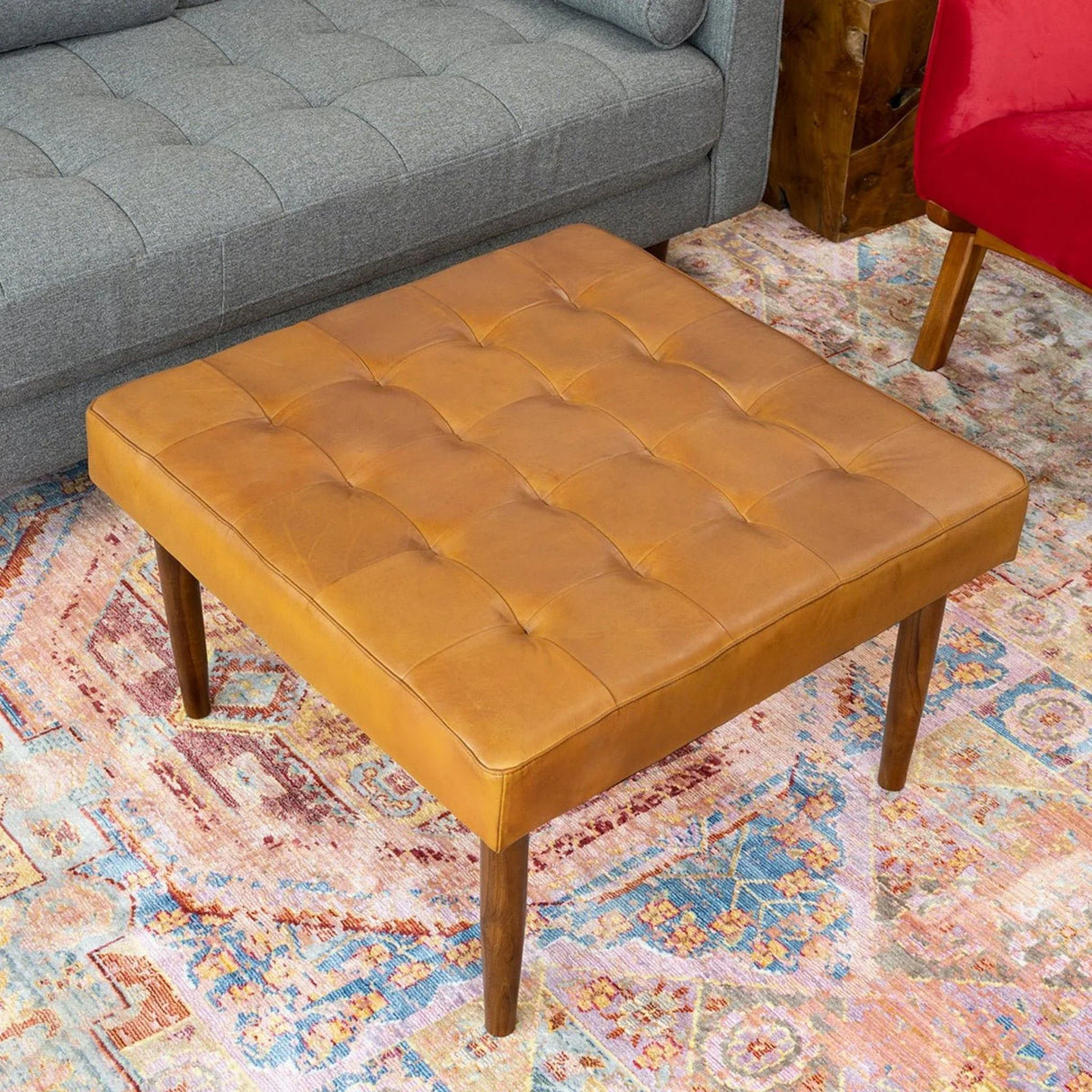 Mark - Tufted Square Genuine Leather Upholstered Ottoman - Furniture Home Direct