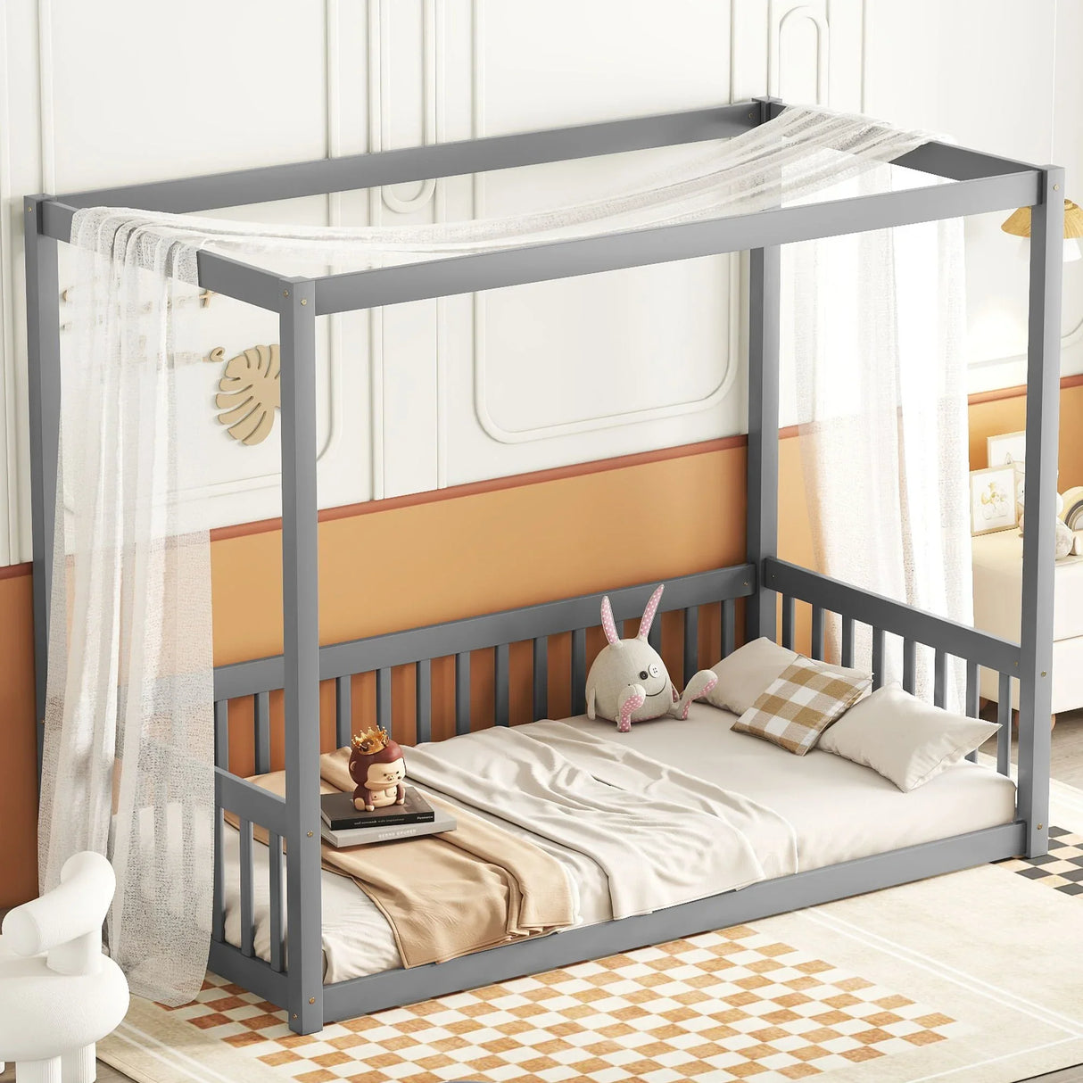 Canopy Frame Floor Bed With Fence, Guardrails - Furniture Home Direct