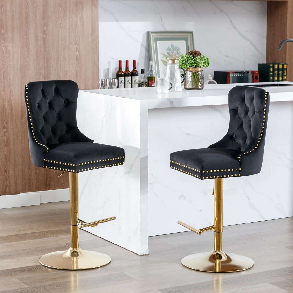Bar Stools Velvet Upholstered Swivel With Backs Black - Furniture Home Direct