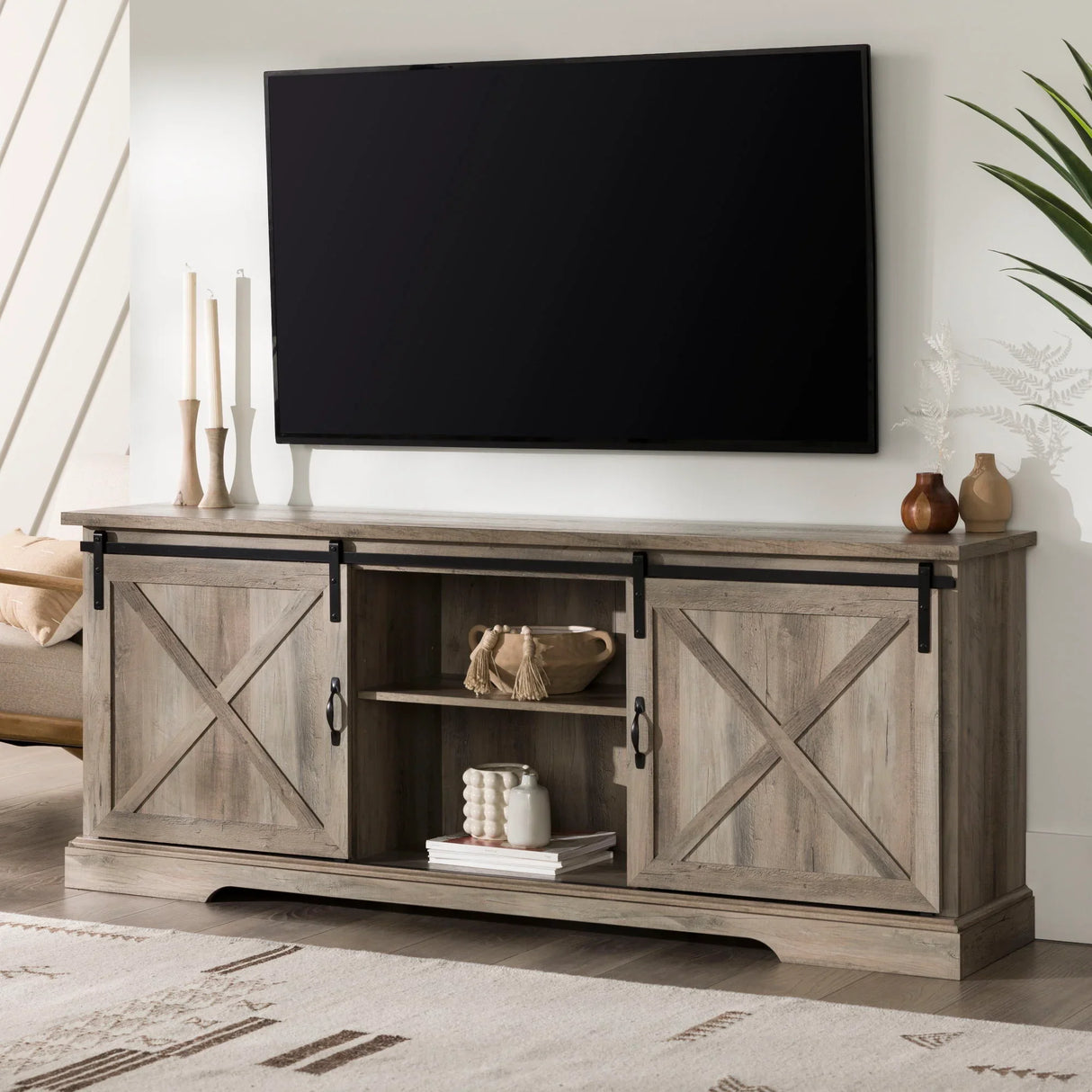 Farmhouse Sliding X Barn Door TV Stand - Furniture Home Direct