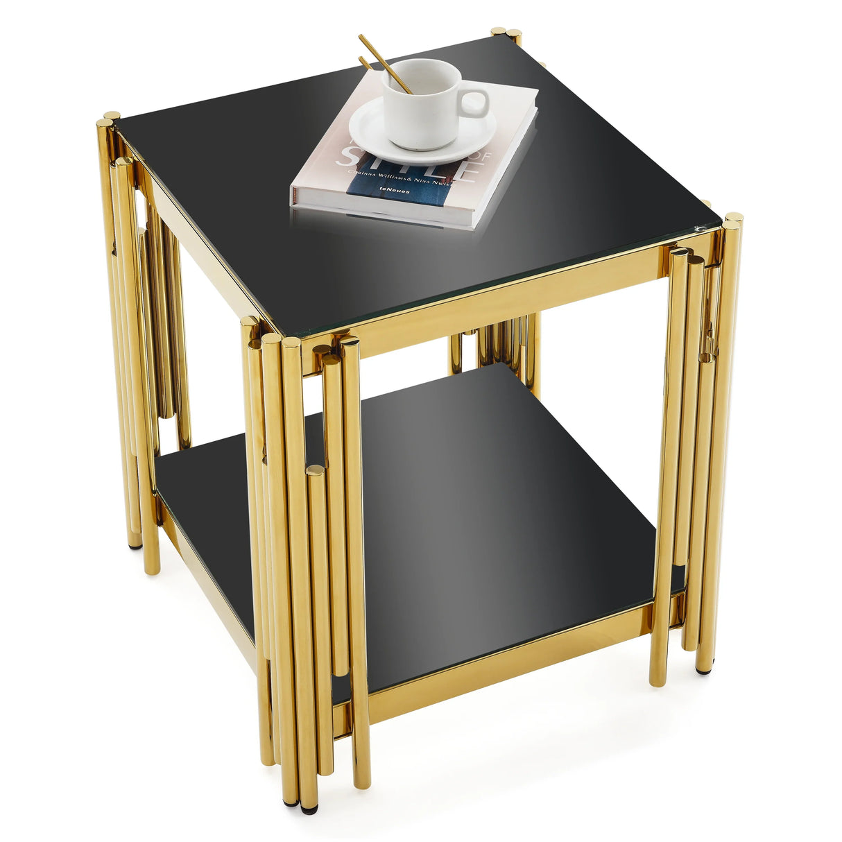 Side Table Polished Black Glass Top Gold Frame Gold - Furniture Home Direct
