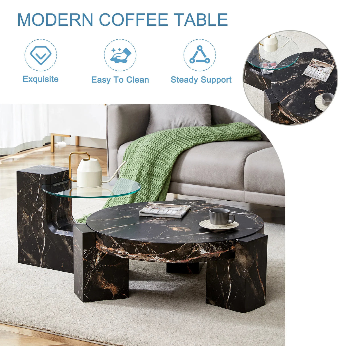 Detachable Double-Decker Black Patterned Coffee Table - Furniture Home Direct