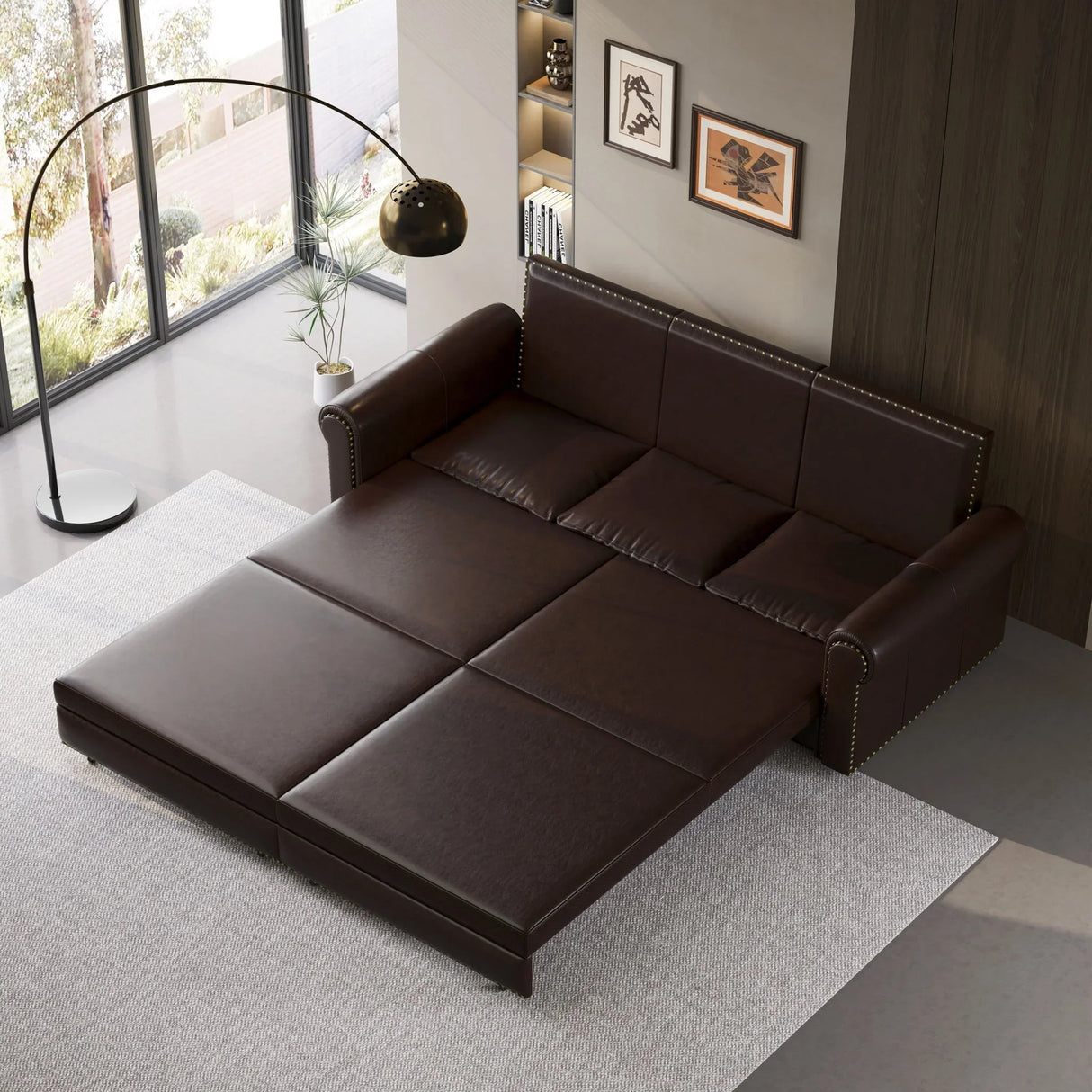 3 In 1 Convertible Sleeper Sofa With Nailhead Trim & Rolled Arm - Furniture Home Direct