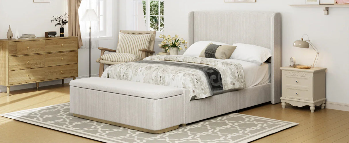 King Bed Corduroy Upholstered Storage Ottoman Light Grey - Furniture Home Direct