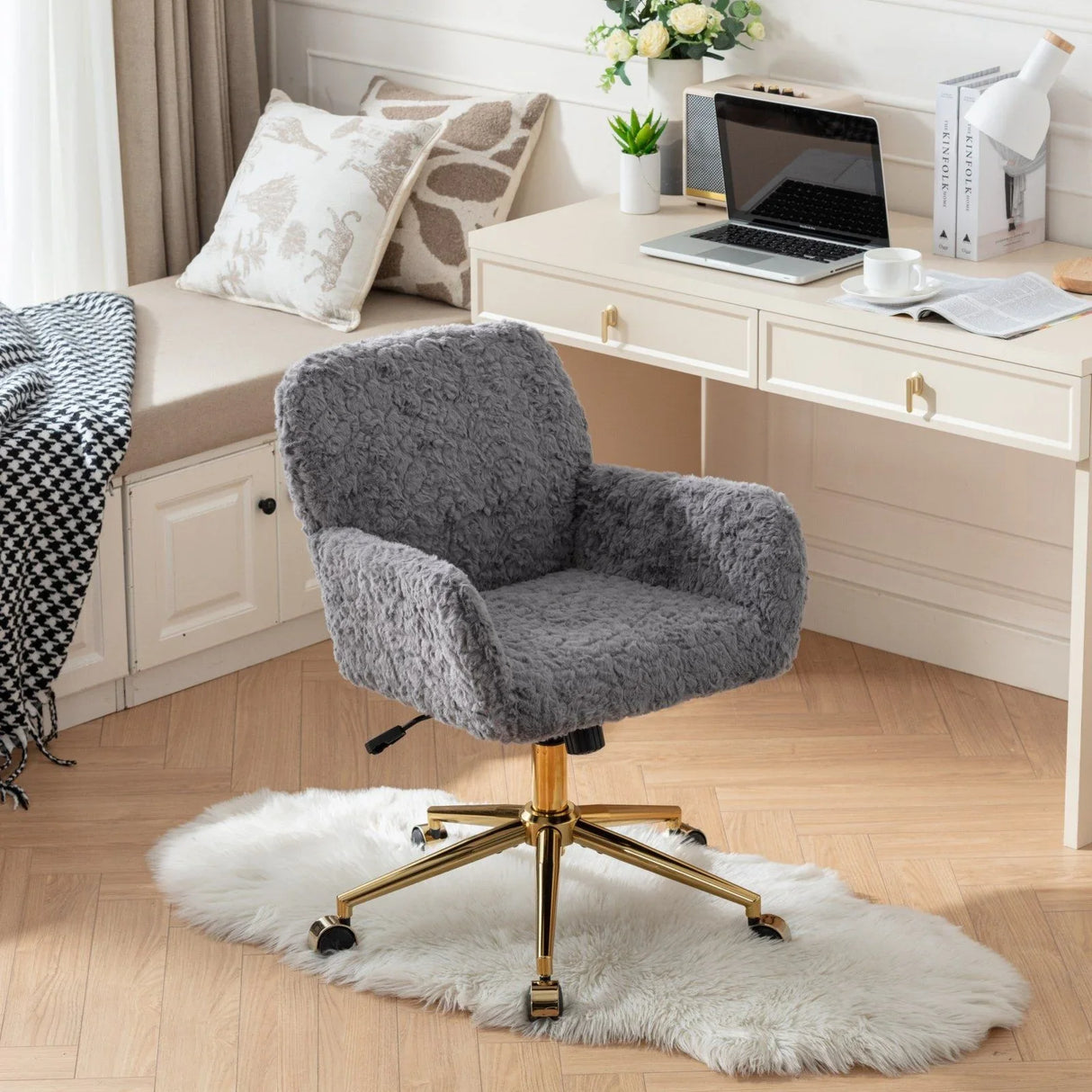 Office Chair, Artificial Rabbit Hair Home Office Chair With Golden Metal Base, Adjustable Desk Chair Swivel Office Chair, Vanity Chair - Furniture Home Direct
