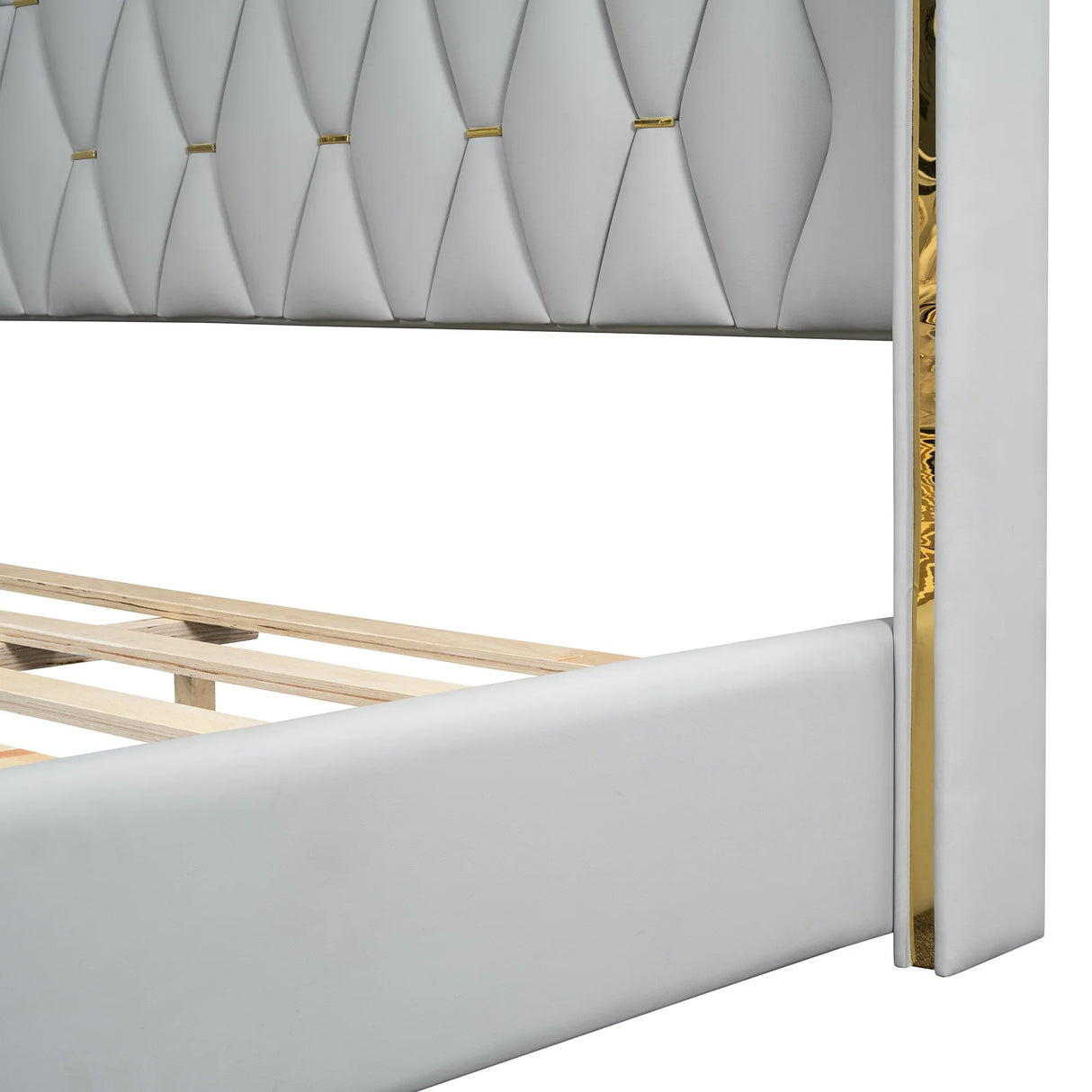 Full Size Upholstered Platform Bed Metal Strips Off White - Furniture Home Direct