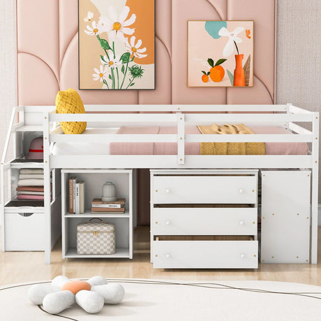 Loft Bed With Retractable Writing Desk And 3 Drawers With Storage Stairs And Shelves - Furniture Home Direct
