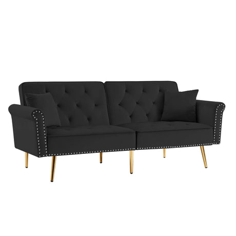 Velvet Tufted Sofa Couch With 2 Pillows And Nailhead Trim - Furniture Home Direct
