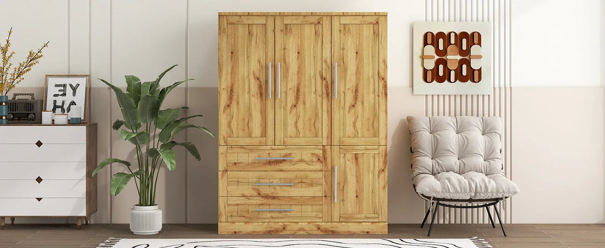 Wardrobe Armoire with Four Doors and Three Drawers Natural - Furniture Home Direct