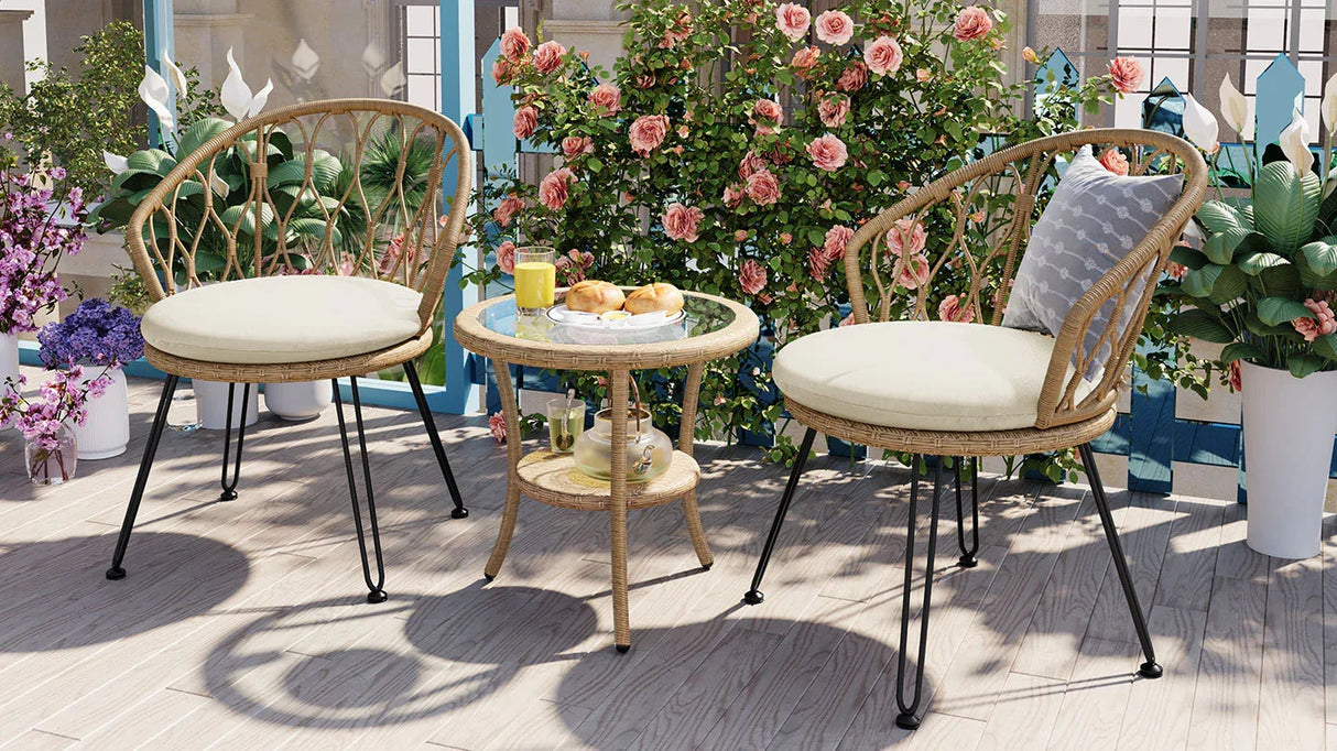 Outdoor Rattan Bistro Set With Glass Top Cushions Beige - Furniture Home Direct