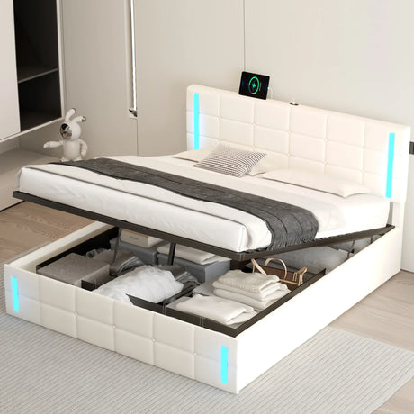 Storage Bed With LED Lights And Hydraulic Lift White - Furniture Home Direct