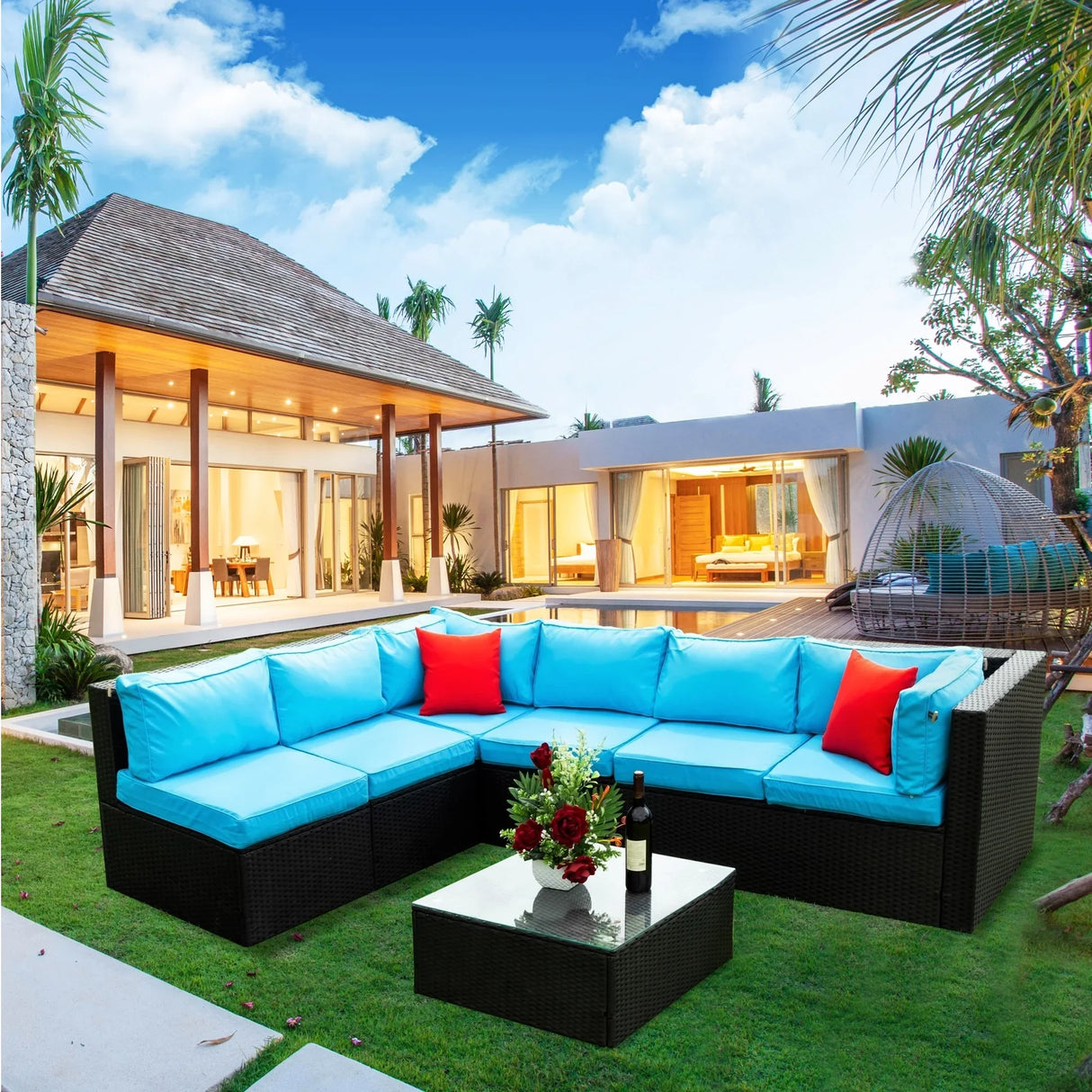 Outdoor Sectional Set With Blue Cushions - Furniture Home Direct
