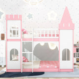 Twin Over Twin Castle Bunk Bed With Ladder - Pink - Furniture Home Direct