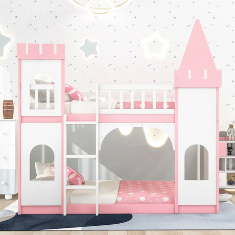 Twin Over Twin Castle Bunk Bed With Ladder - Pink - Furniture Home Direct