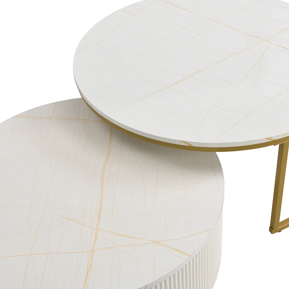 Round Nesting Coffee Table Fluted Drawer Gold and White - Furniture Home Direct