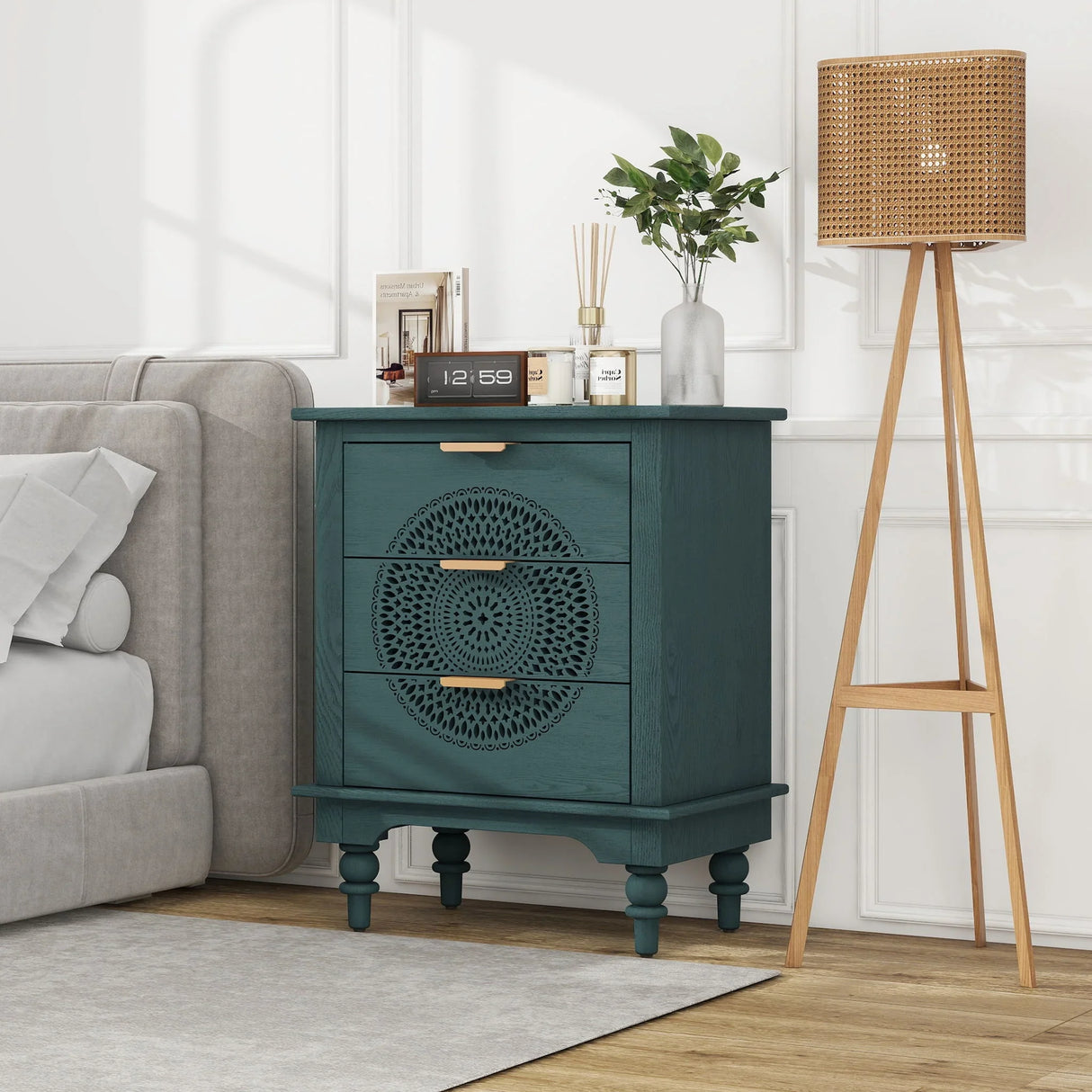Hollow Carved 3 Drawer Dresser With Metal Handles, Storage Chest For Living Room Or Bedroom - Blackish Green - Furniture Home Direct