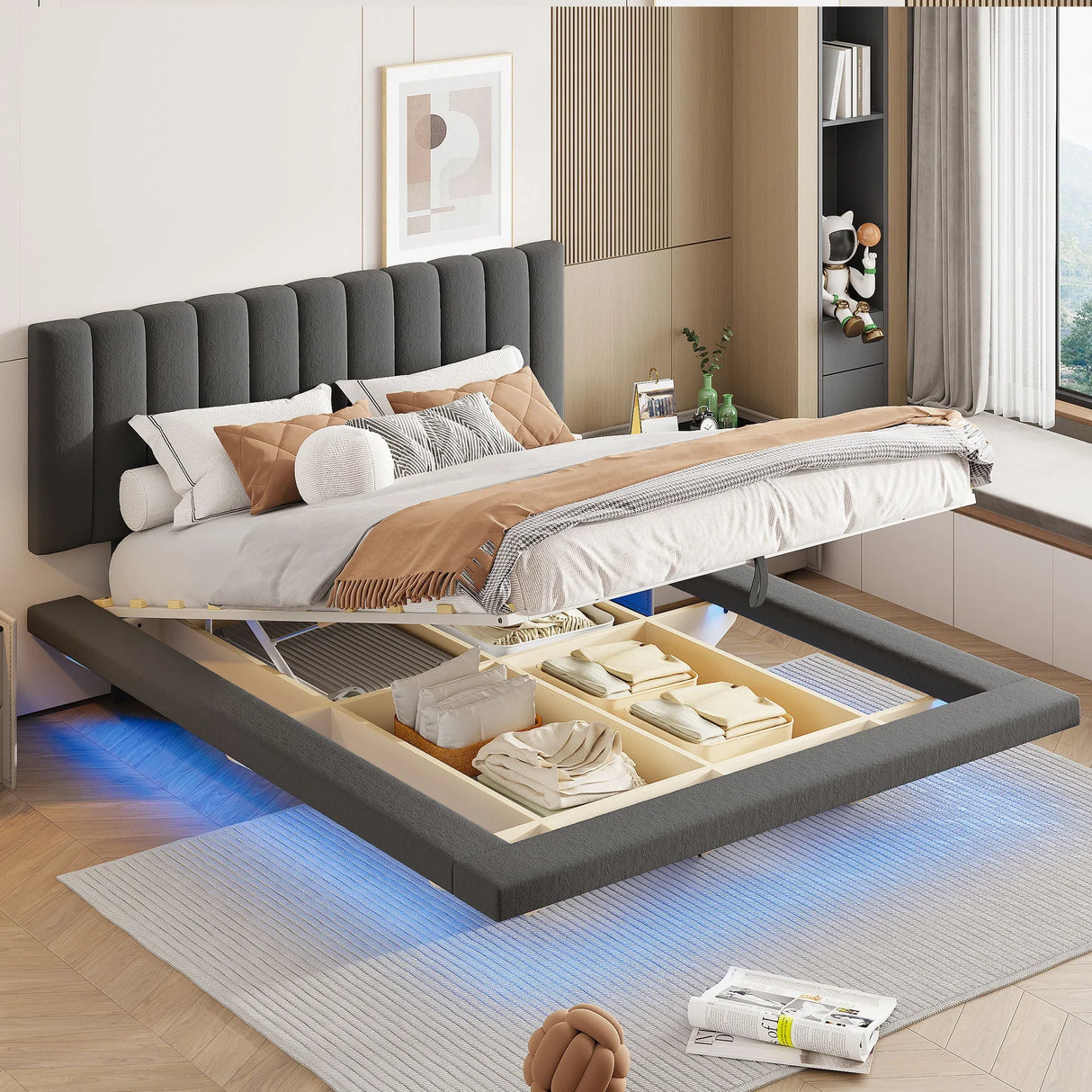 Upholstered Floating Hydrualic Platform Bed With LED Light And USB Port - Furniture Home Direct