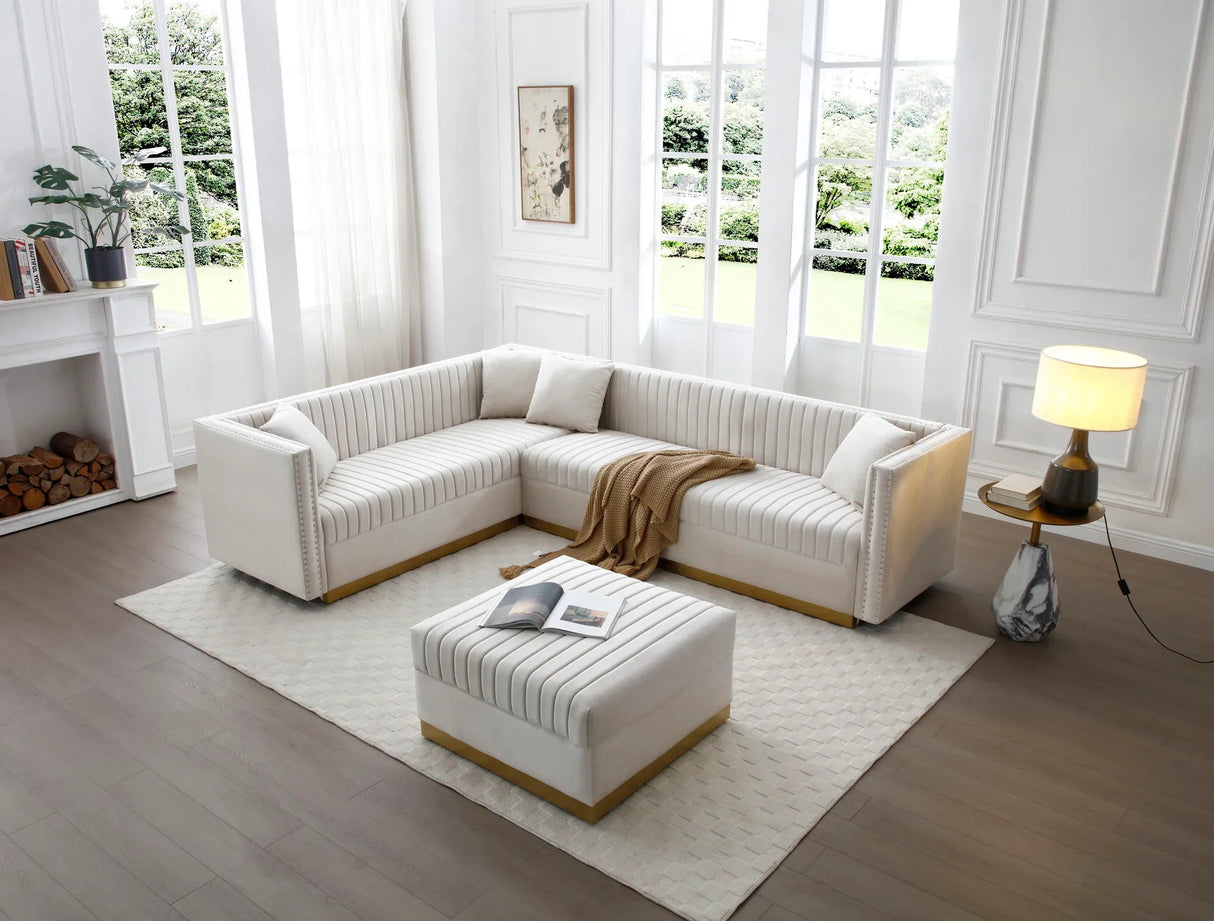Contemporary Vertical Channel Tufted Velvet Sectional Sofa For Living Room Apartment With Ottoman And 4 Pillows - Furniture Home Direct