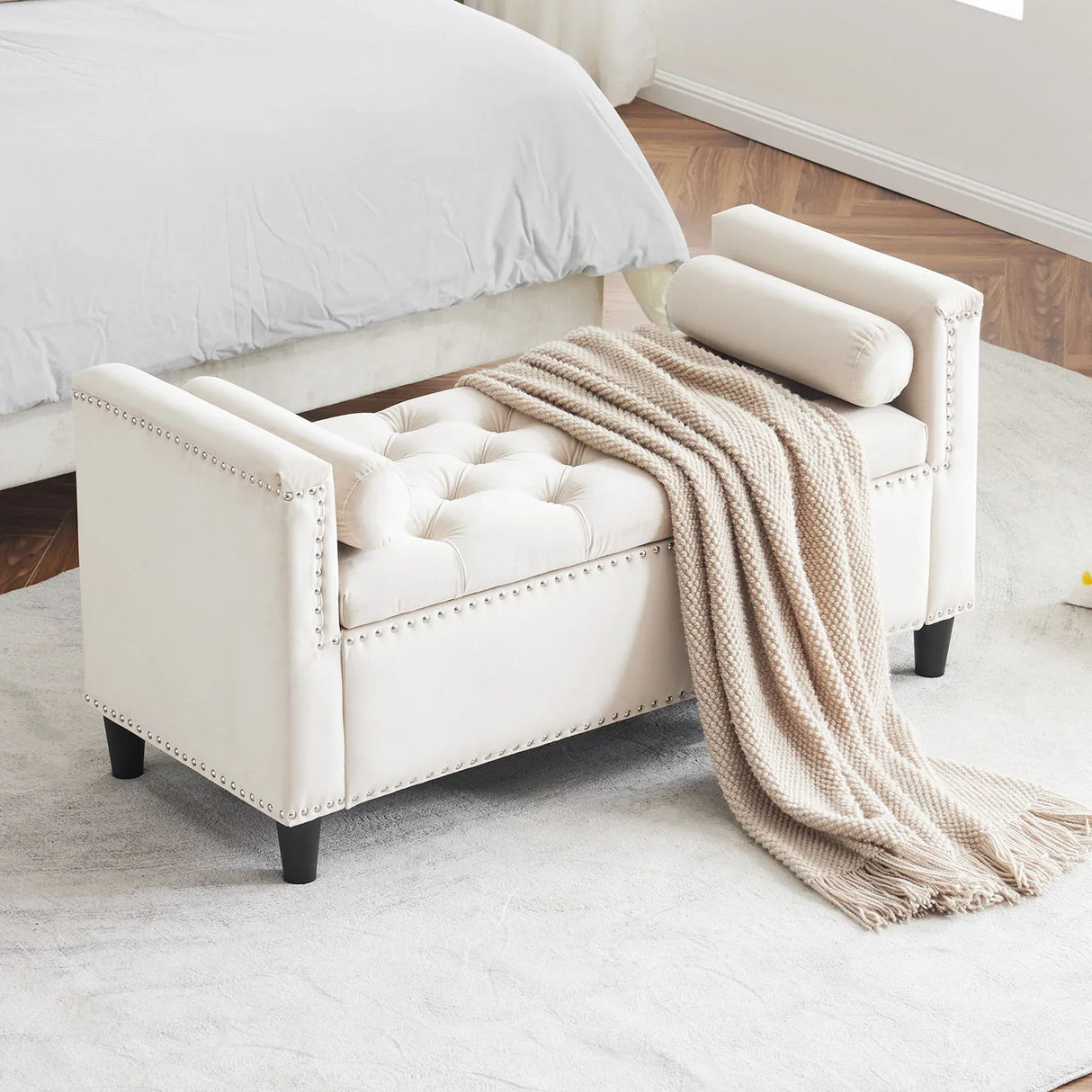 Queen Velvet Button Bedside Storage Bench With Armrests, Nailhead Trim - Furniture Home Direct