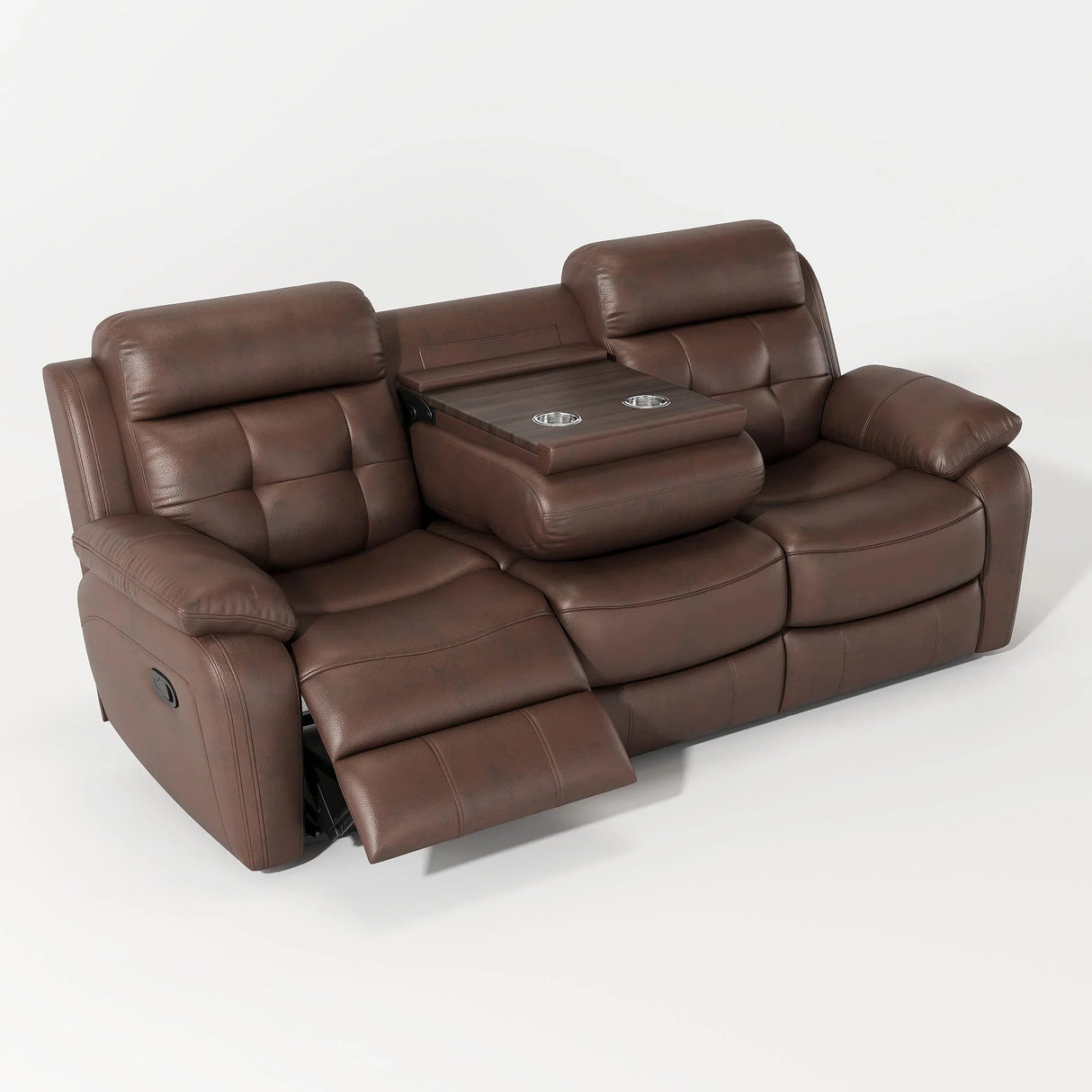 Genuine Leather Non Power Reclining Sofa With Drop Down Table, Stainless Steel Cupholders And Magazine Bag - Furniture Home Direct