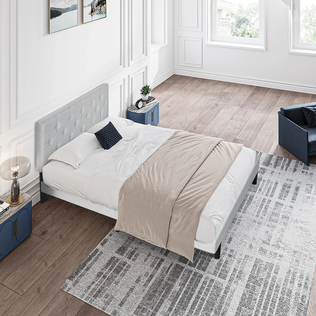 Modern Upholstered Platform Bed Frame With Button Tufted Linen Fabric Headboard - Furniture Home Direct