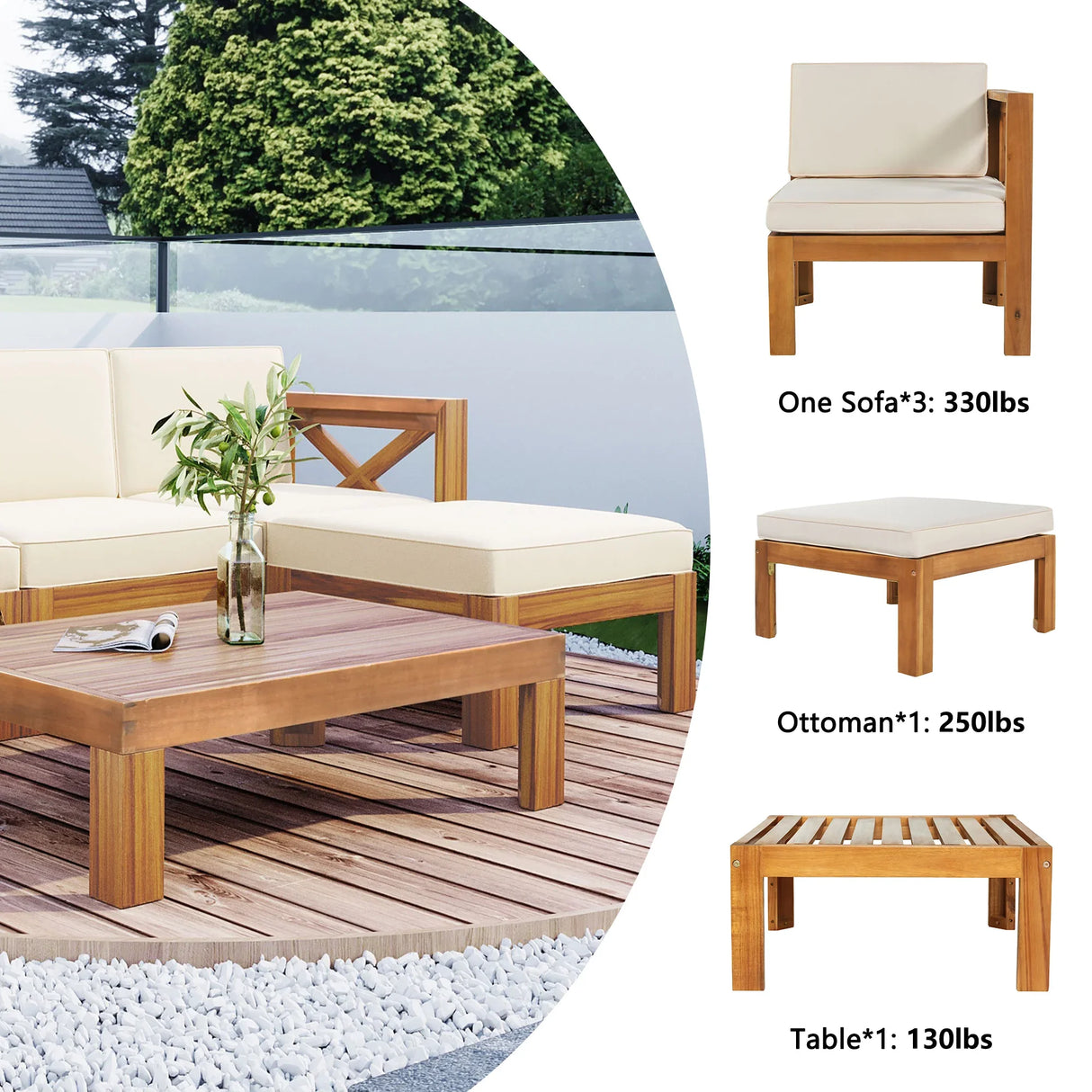 Outdoor 5-Piece Sectional Set with Cushions, Natural Finish+ Beige Cushions - Furniture Home Direct