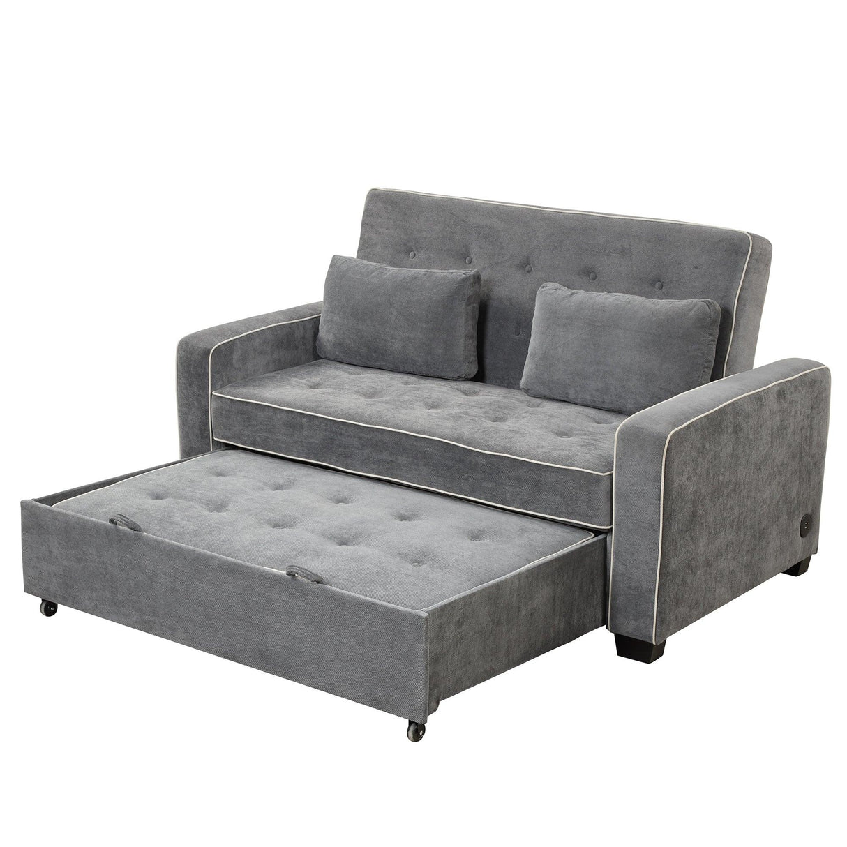 Upholstered Loveseat with Pull Out Sofa, Two Throw Pillows, Dual USB Charging Port And Adjustable Backrest - Gray - Furniture Home Direct