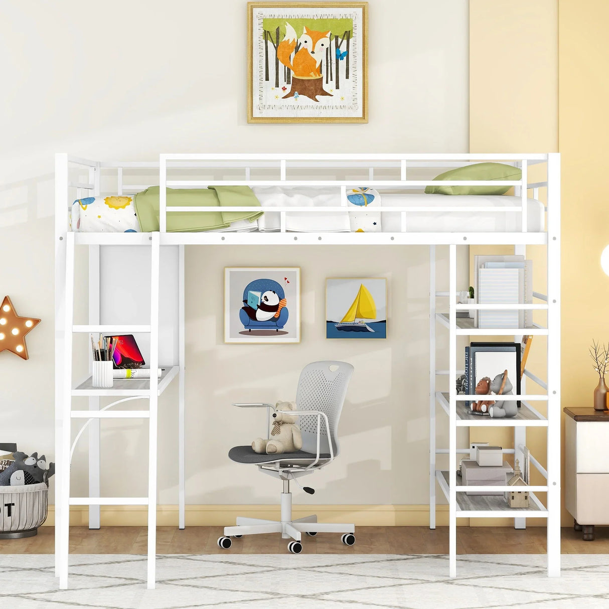Bed With 3 Layers Of Shelves And Desk, Stylish Frame Bed - Furniture Home Direct