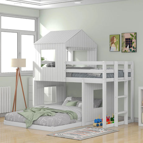 Twin Over Full Bunk Bed, With Playhouse, Farmhouse, Ladder And Guardrails - White - Furniture Home Direct