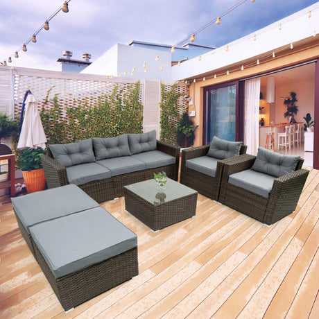 6 Piece Patio Rattan Wicker Outdoor Furniture Conversation Sofa Set With Removeable Cushions And Temper Glass Tabletop - Brown - Furniture Home Direct