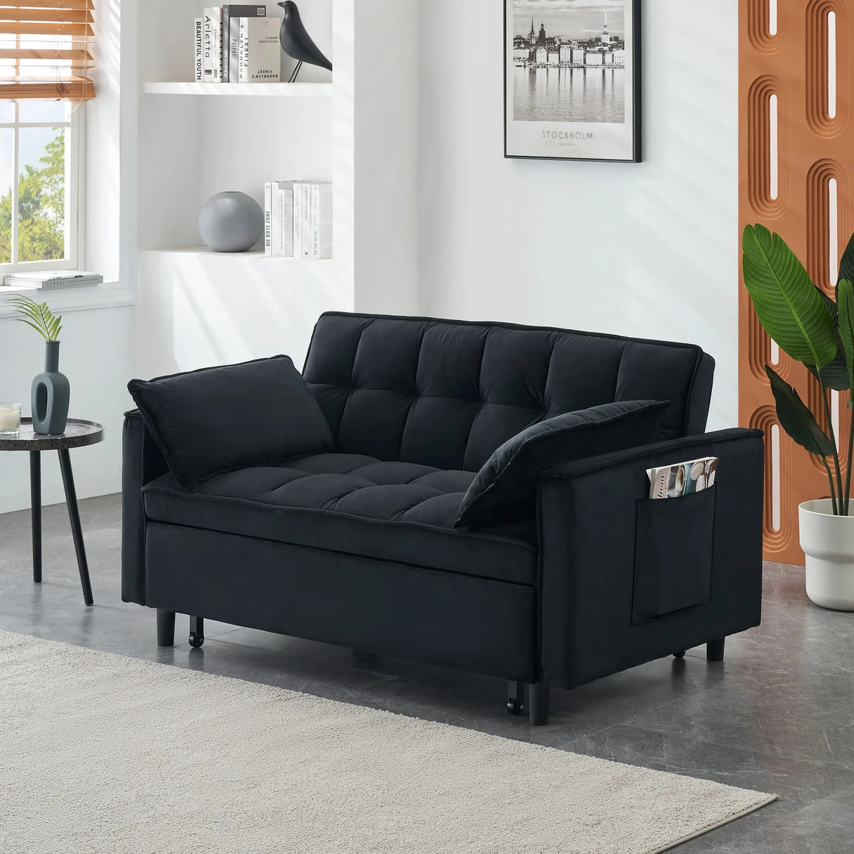 Modern Velvet Sofa, Sofa Pull-Out Bed, Small Love Seat Casual Sofa With Back, With Pillow, Pockets, Living Room Furniture, 3 In 1 Convertible Sleep Sofa Bed - Furniture Home Direct