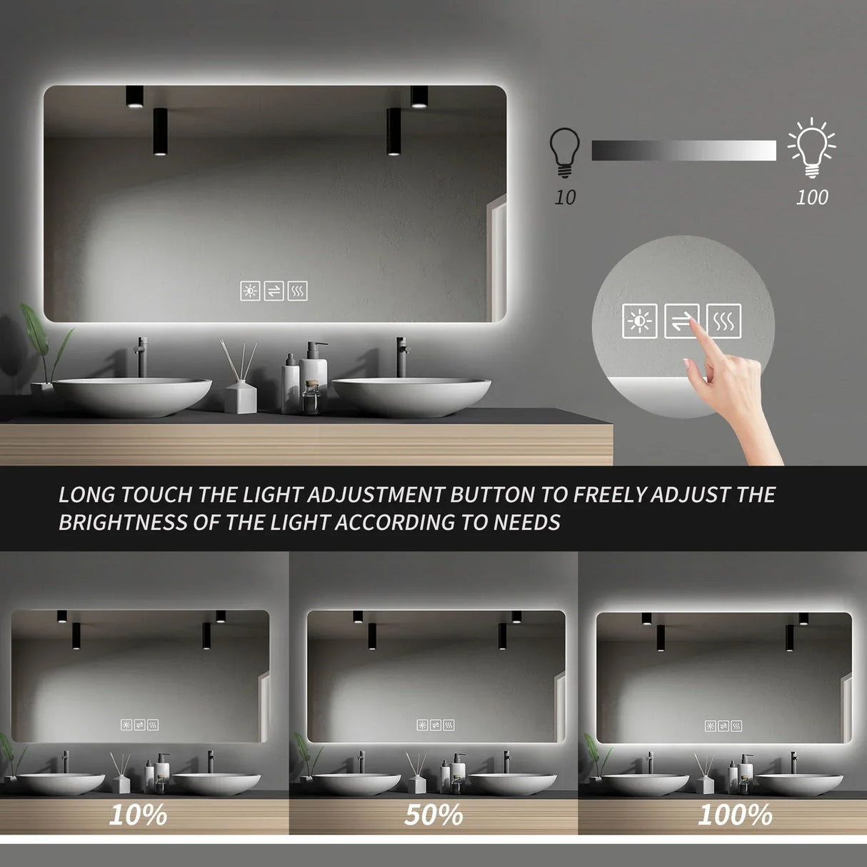 28" Bathroom Mirror With LED Lights Front And Backlit, Anti-Fog Lighted Vanity Mirrors For Wall Mounted And 5 Level Dimmable, Horizontal / Vertical - Clear - Furniture Home Direct