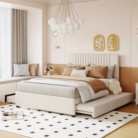 Upholstered Platform Bed With Drawers, Classic Headboard Design - Furniture Home Direct