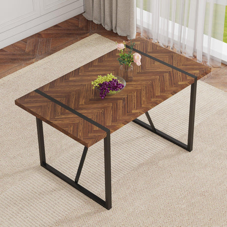 Dining Table Herringbone Wood Top And Metal Base Black - Furniture Home Direct
