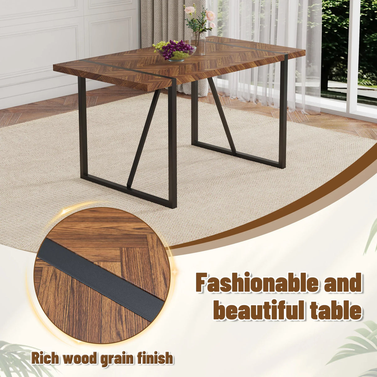 Dining Table Herringbone Wood Top And Metal Base Black - Furniture Home Direct