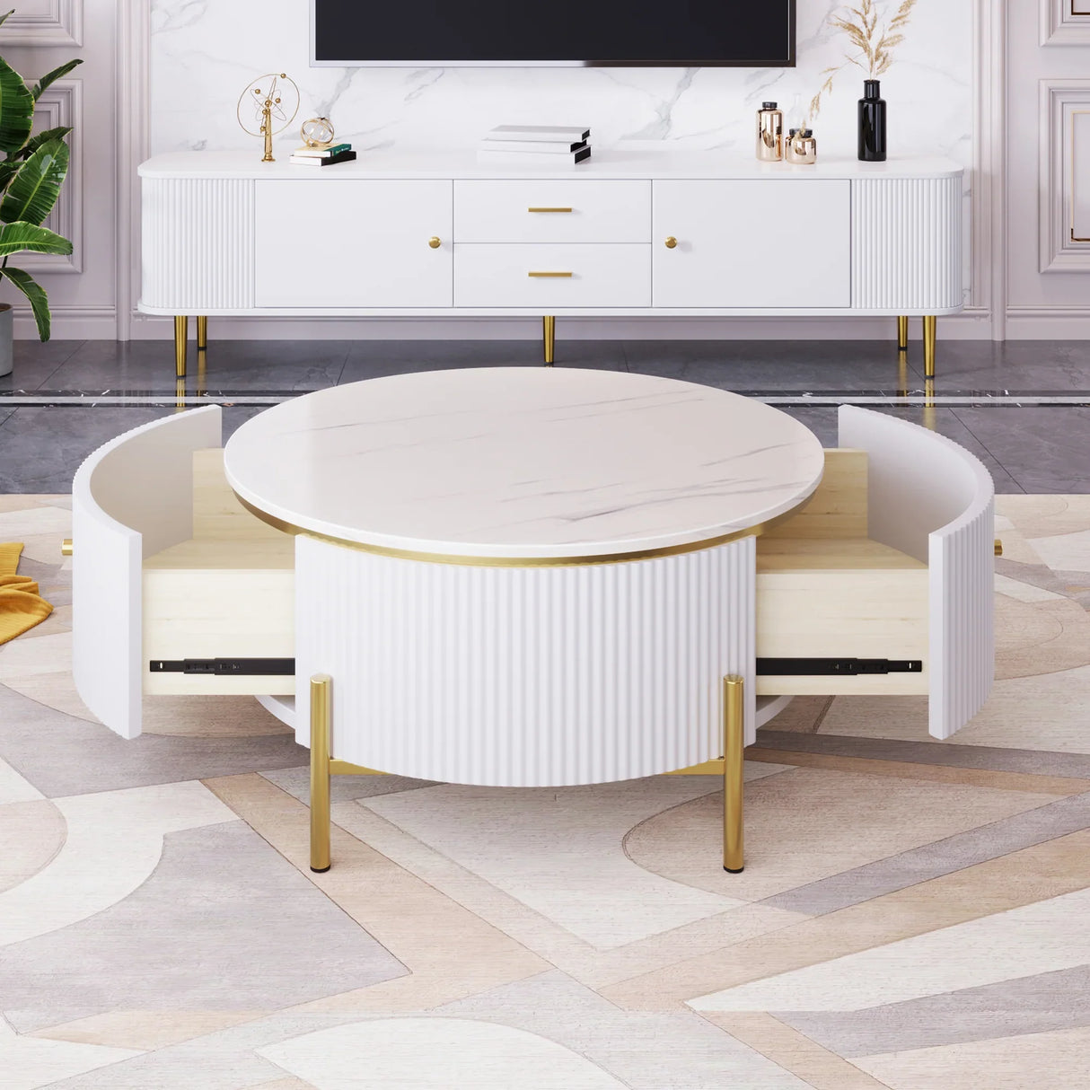Round Coffee Table with Drawers and Gold Accents White - Furniture Home Direct