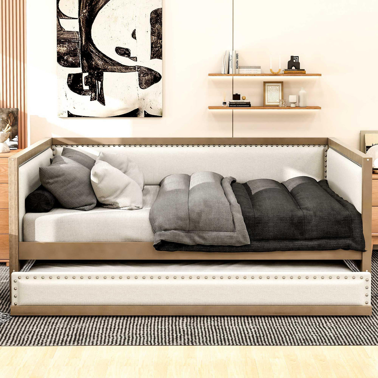 Full Size Daybed With Trundle And Nailhead Decoration - Wood - Furniture Home Direct
