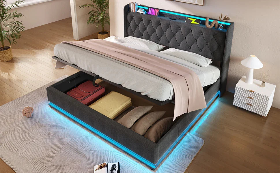 King Bed LED 360 Surround Lighting Storage USB Type C Gray - Furniture Home Direct