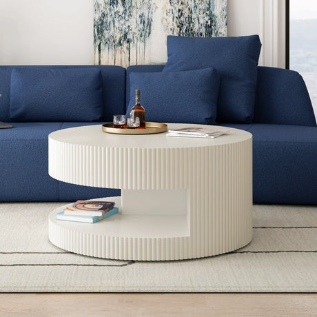 Coffee Table Round Modern Fluted Storage Shelf White - Furniture Home Direct