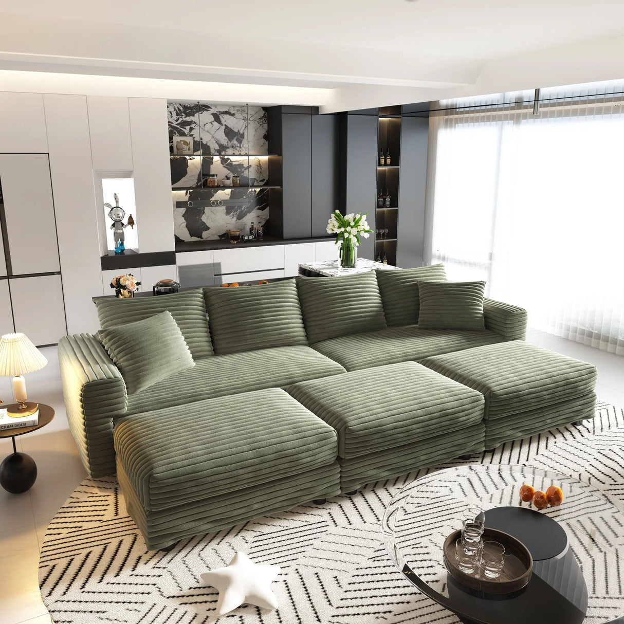 Deep Seat Convertible Sofa With Soft Pillows And Ottomans - Furniture Home Direct