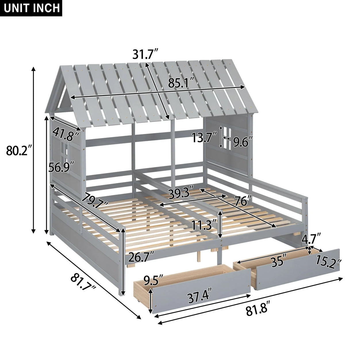 Twin Size House Platform Beds With 2 Drawers For Shared Use - Gray - Furniture Home Direct