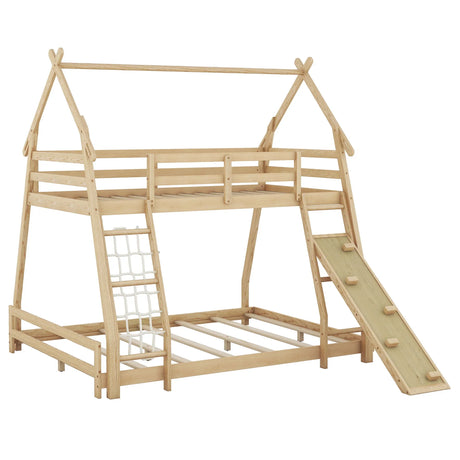 Twin Over Queen House Bunk Bed With Climbing Nets And Climbing Ramp - Furniture Home Direct