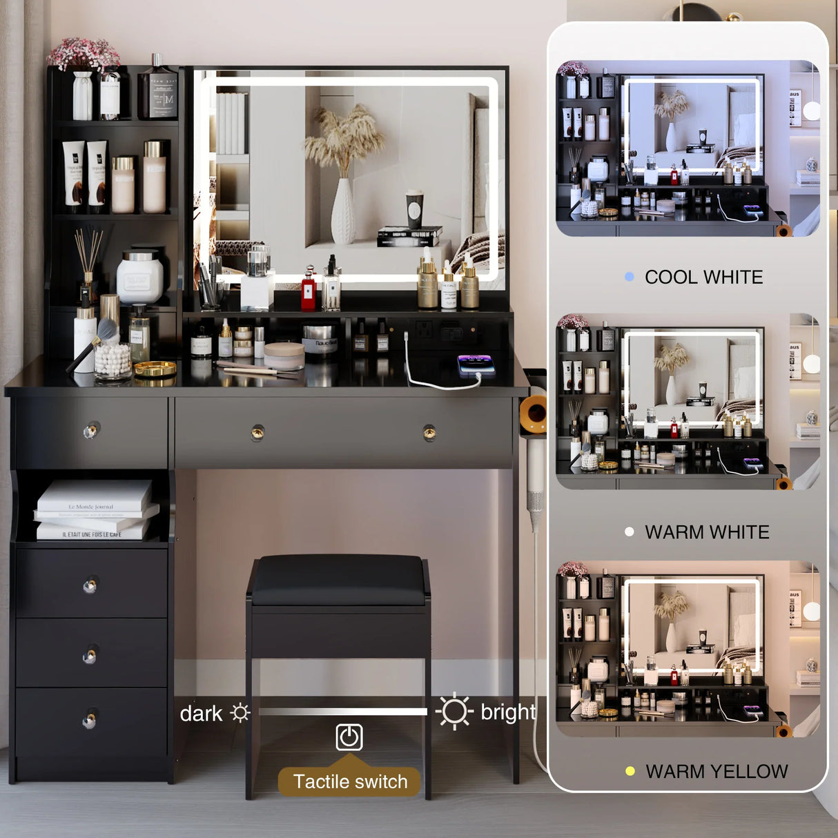 Vanity Desk With Cushioned Stool And Mirror Set Black - Furniture Home Direct