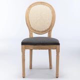 French Style Solid Wood Frame Antique Painting Linen Fabric Rattan Back Dining Chair (Set of 2) - Furniture Home Direct