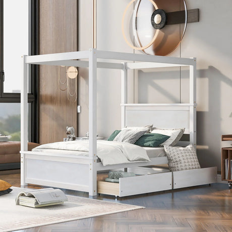 Canopy Platform Bed With Drawers, Support Slats, No Box Spring Needed - Furniture Home Direct