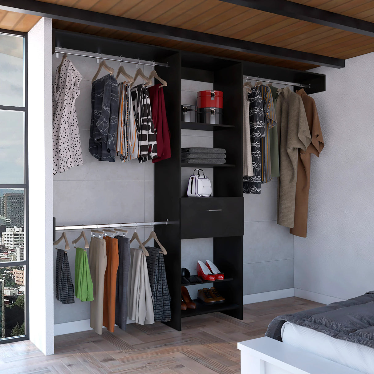 Closet System With Rods And Drawer Wall Mounted Black - Furniture Home Direct