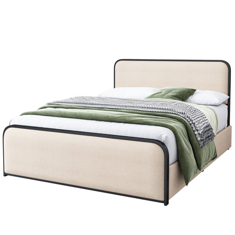 Curved Upholstered Bed With Metal Slats And Footboard